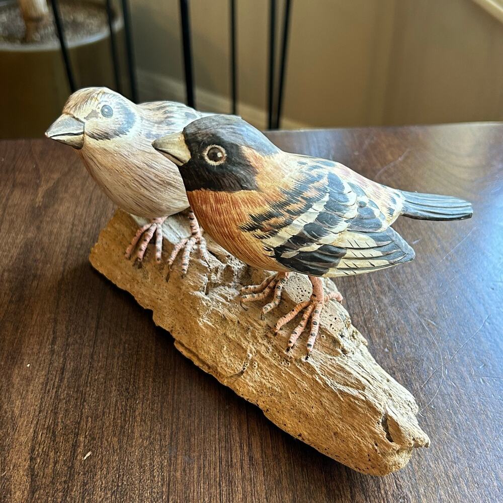 Handmade hand painted Wood Carved Sparrows Birds Sculpture on wood base folk art